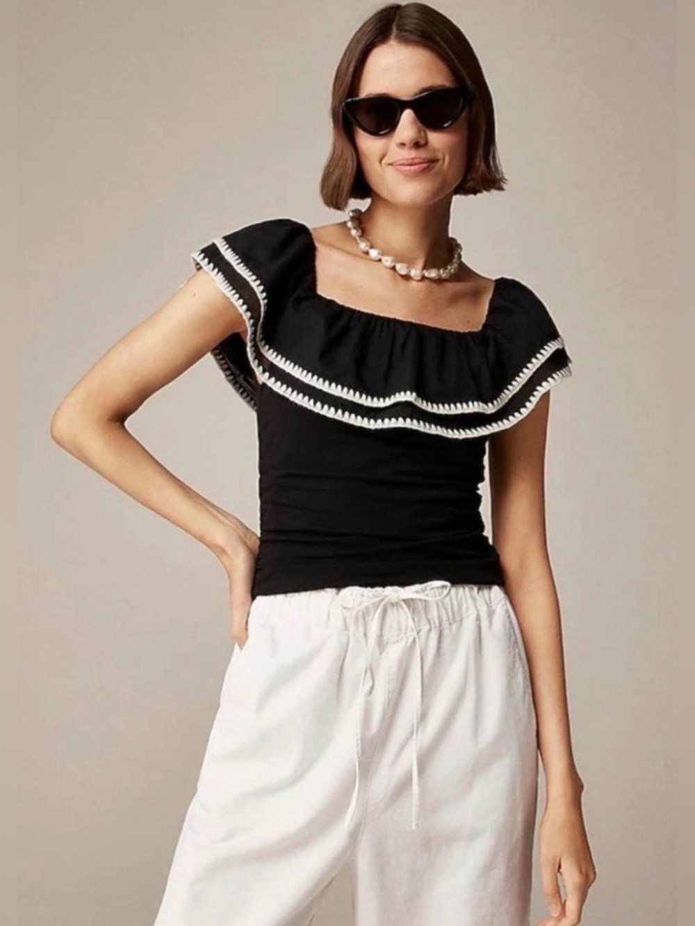 J.Crew Women's Black Off-the-Shoulder Stretch Cotton Ruffle Top